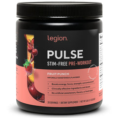 LEGION Pulse fruit punch bottle shows caffeine-free pre workout energy