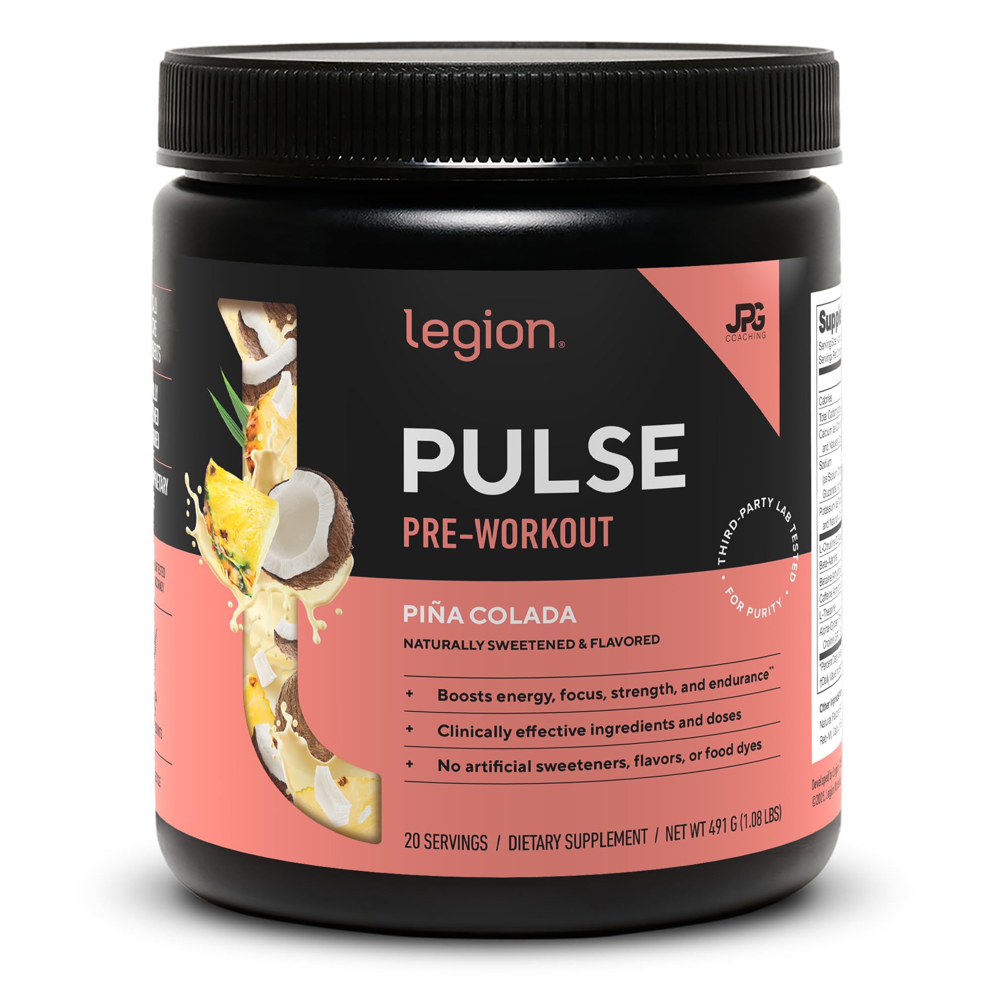 LEGION Pulse pre-workout bottle on gym bench for clean energy.
