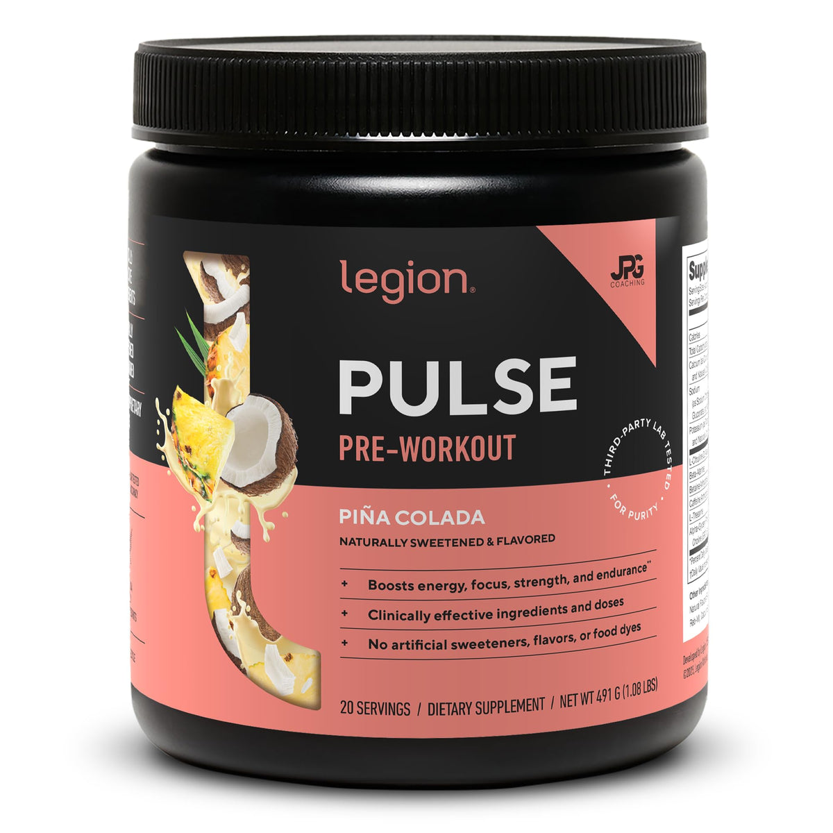 LEGION Pulse pre-workout bottle on gym bench for clean energy.