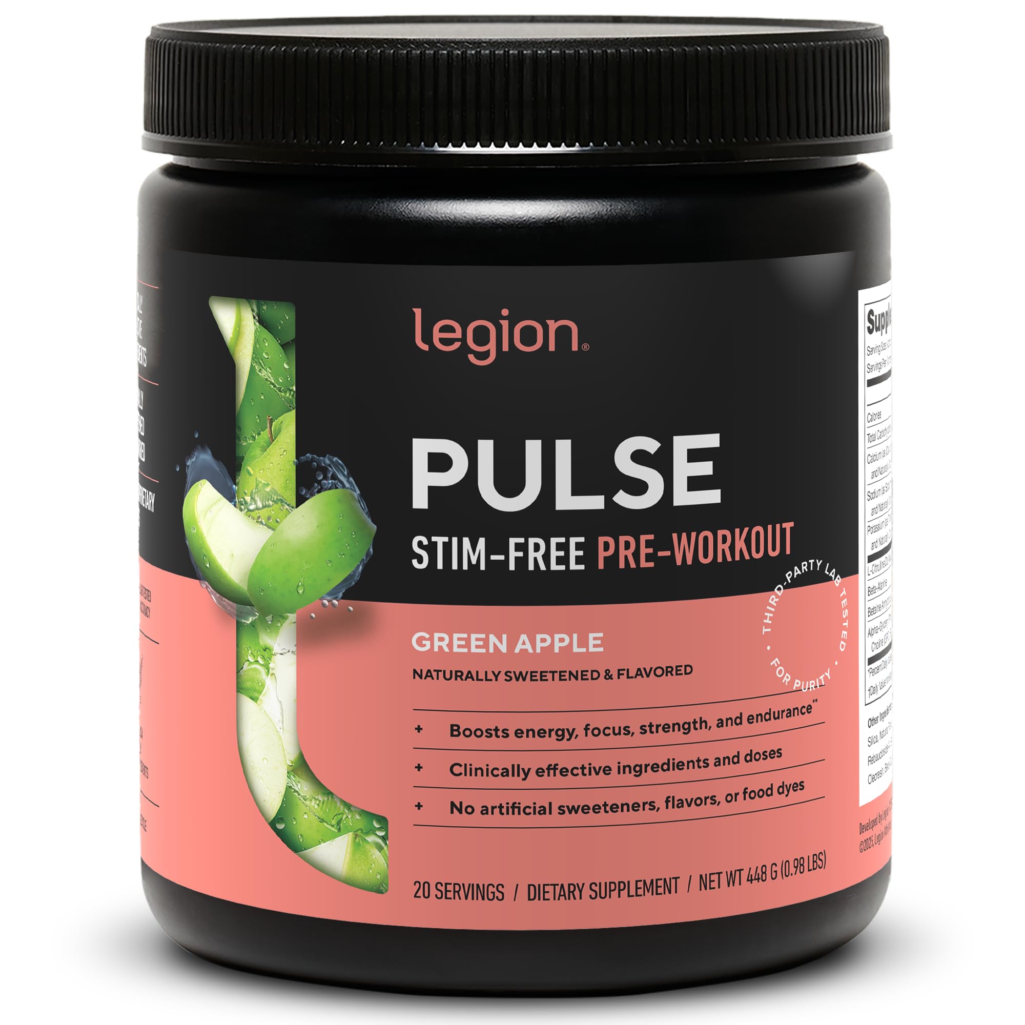 LEGION Pulse pre-workout bottle shows a stimulant-free option for steady workout energy.