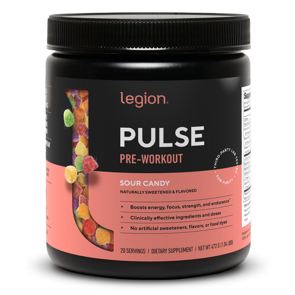 LEGION Pulse Pre Workout bottle with sour candy flavor and clean label for trust