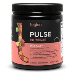 LEGION Pulse Pre Workout bottle with sour candy flavor and clean label for trust