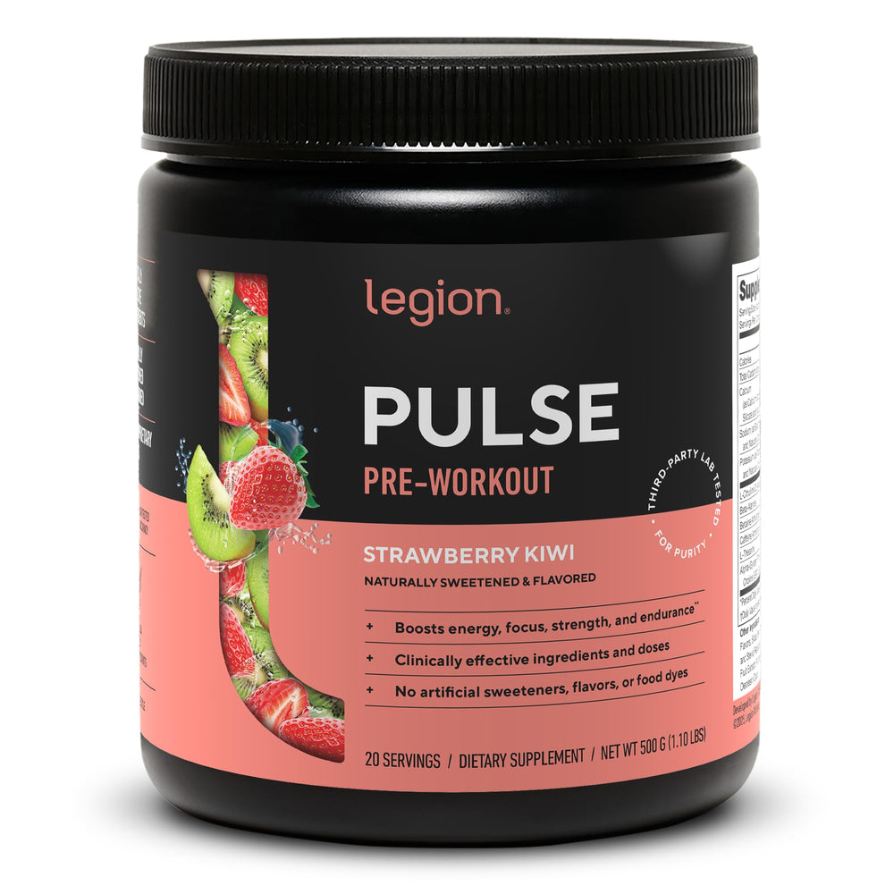 LEGION Pulse pre-workout tub with strawberry kiwi flavor for sustained energy.