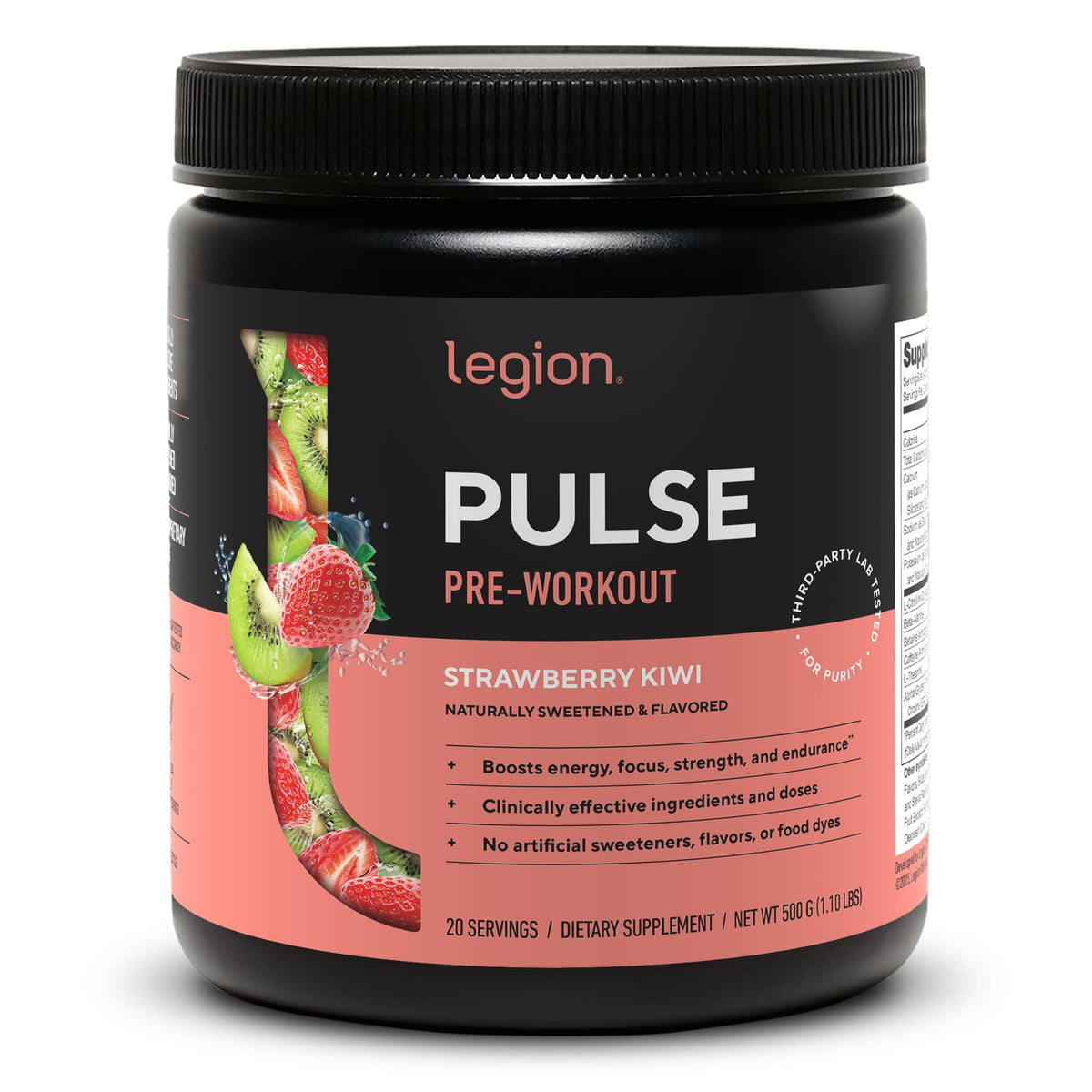 LEGION Pulse pre-workout tub with strawberry kiwi flavor for sustained energy.