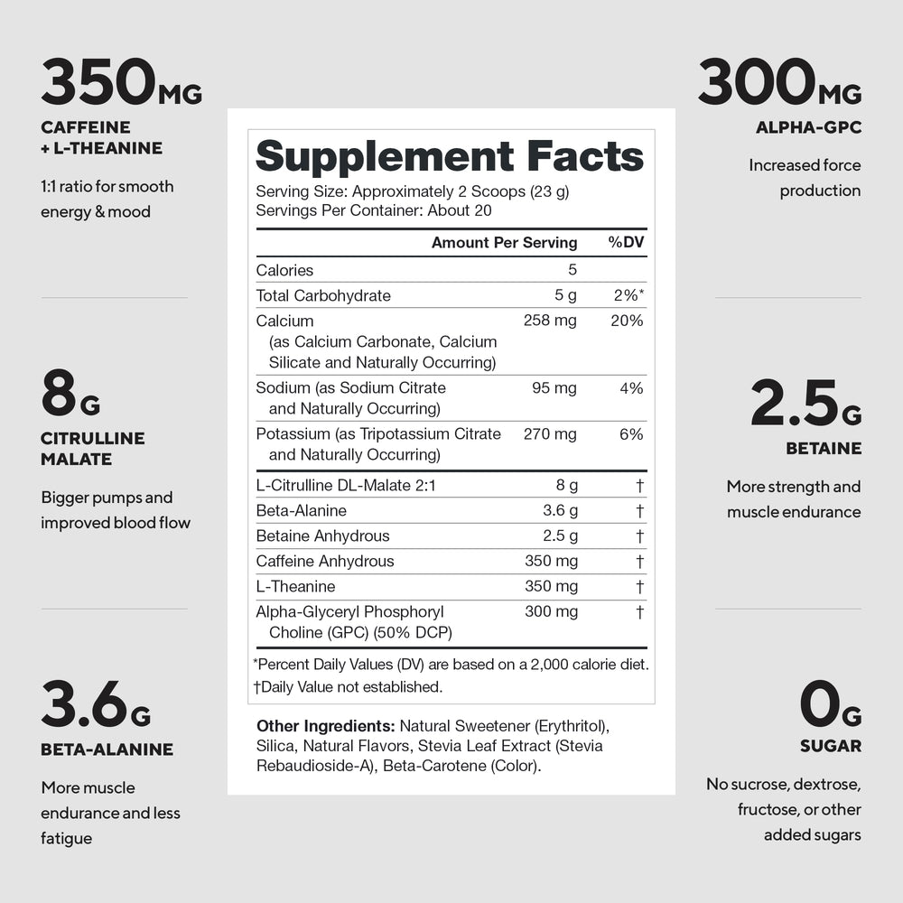 LEGION Pulse Pre Workout Tropical Punch tub label highlights clean, natural ingredients