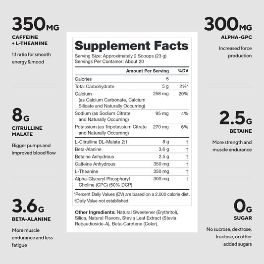 LEGION Pulse Pre Workout Tropical Punch tub label highlights clean, natural ingredients