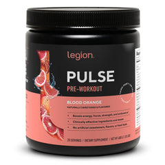 LEGION Pulse preworkout bottle front, ready before workouts for clear branding.
