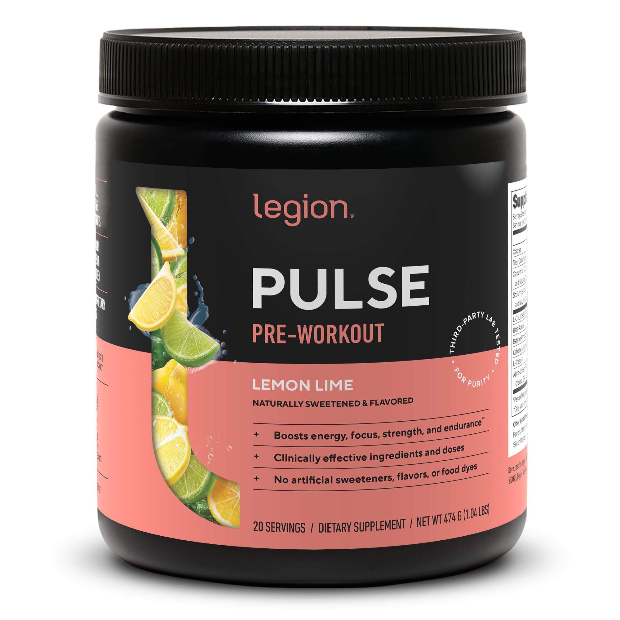 LEGION Pulse preworkout label closeup shows clean ingredients and transparency
