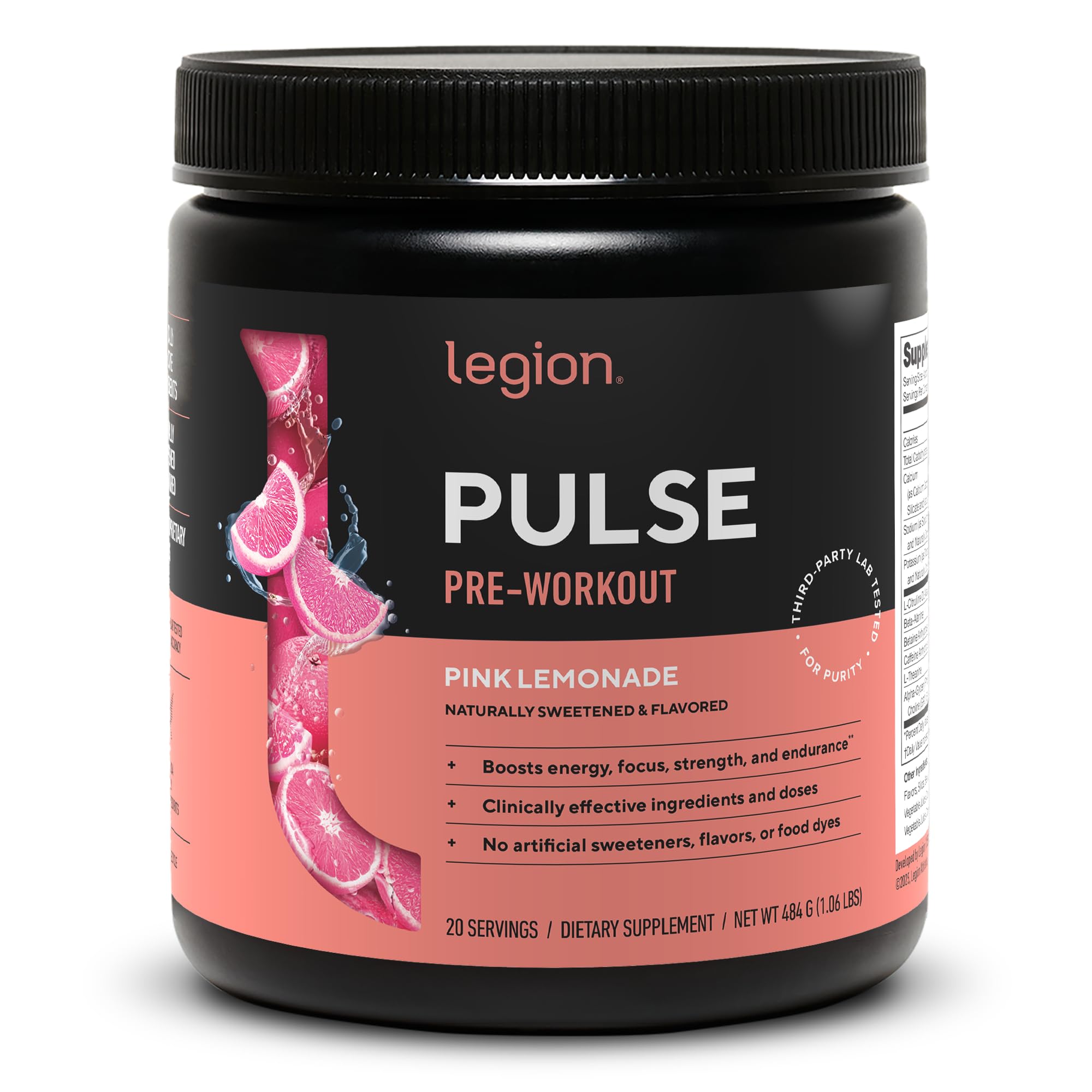 LEGION Pulse preworkout pink lemonade tub shows natural sweetness and a clean label
