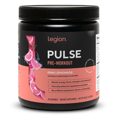 LEGION Pulse preworkout pink lemonade tub shows natural sweetness and a clean label