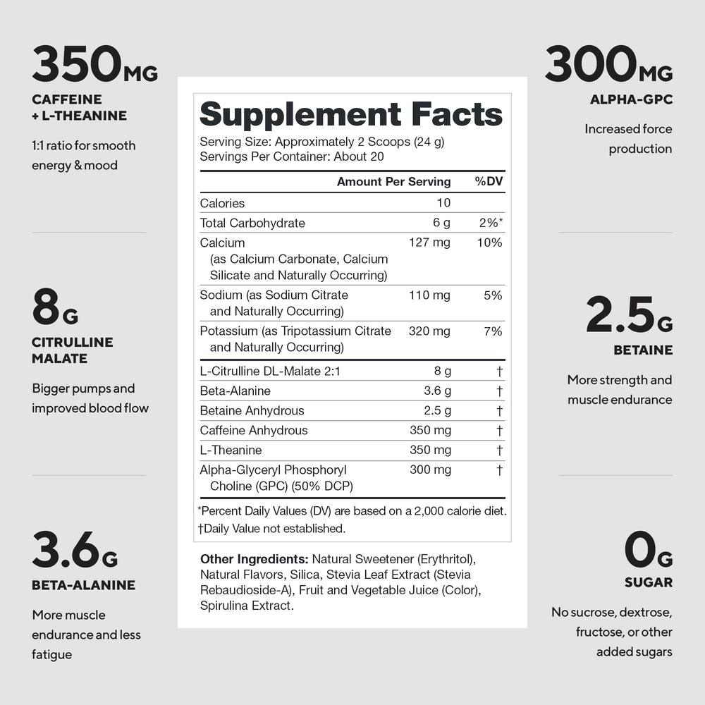 LEGION Pulse Pre Workout scoop beside glass, signaling convenient dose for focused sessions.