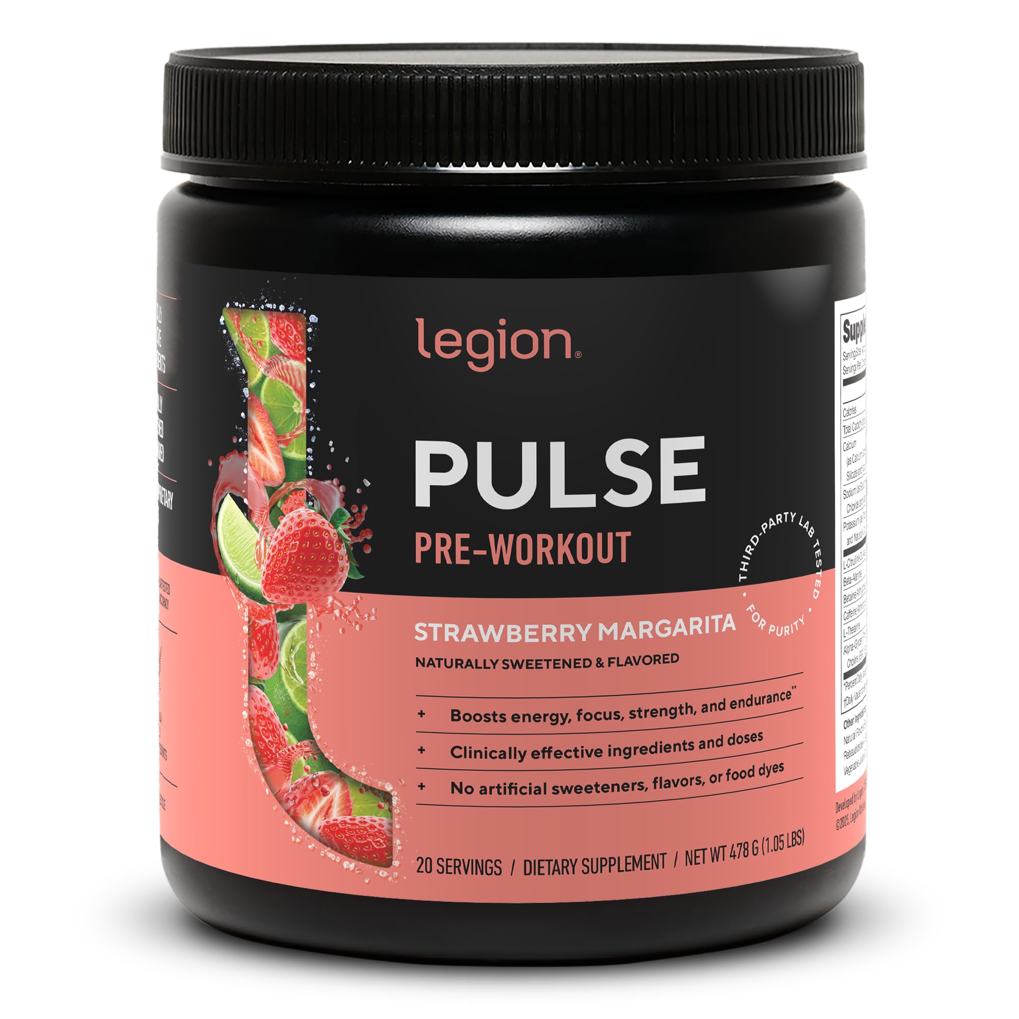 LEGION Pulse pre-workout strawberry margarita bottle ready for your workout boost and clean focus.