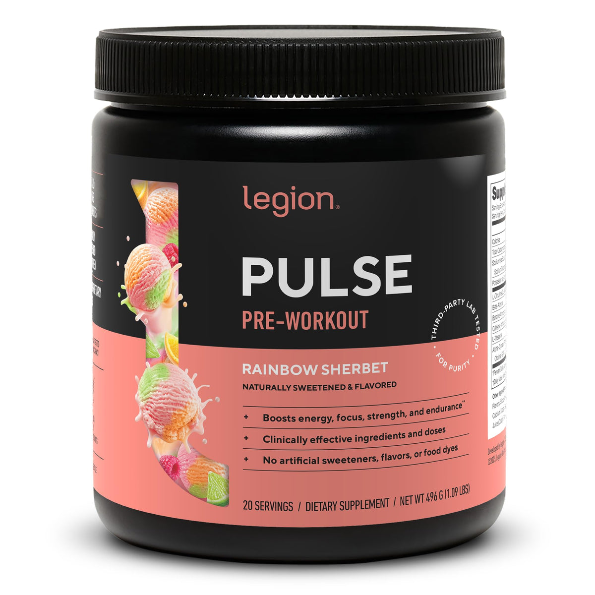 LEGION Pulse preworkout tub front shows Rainbow Sherbet flavor for clean energy.
