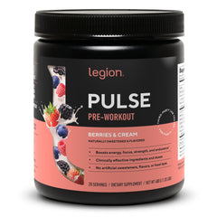 LEGION Pulse tub front label highlights natural ingredients and a transparent, clean formula for workouts.