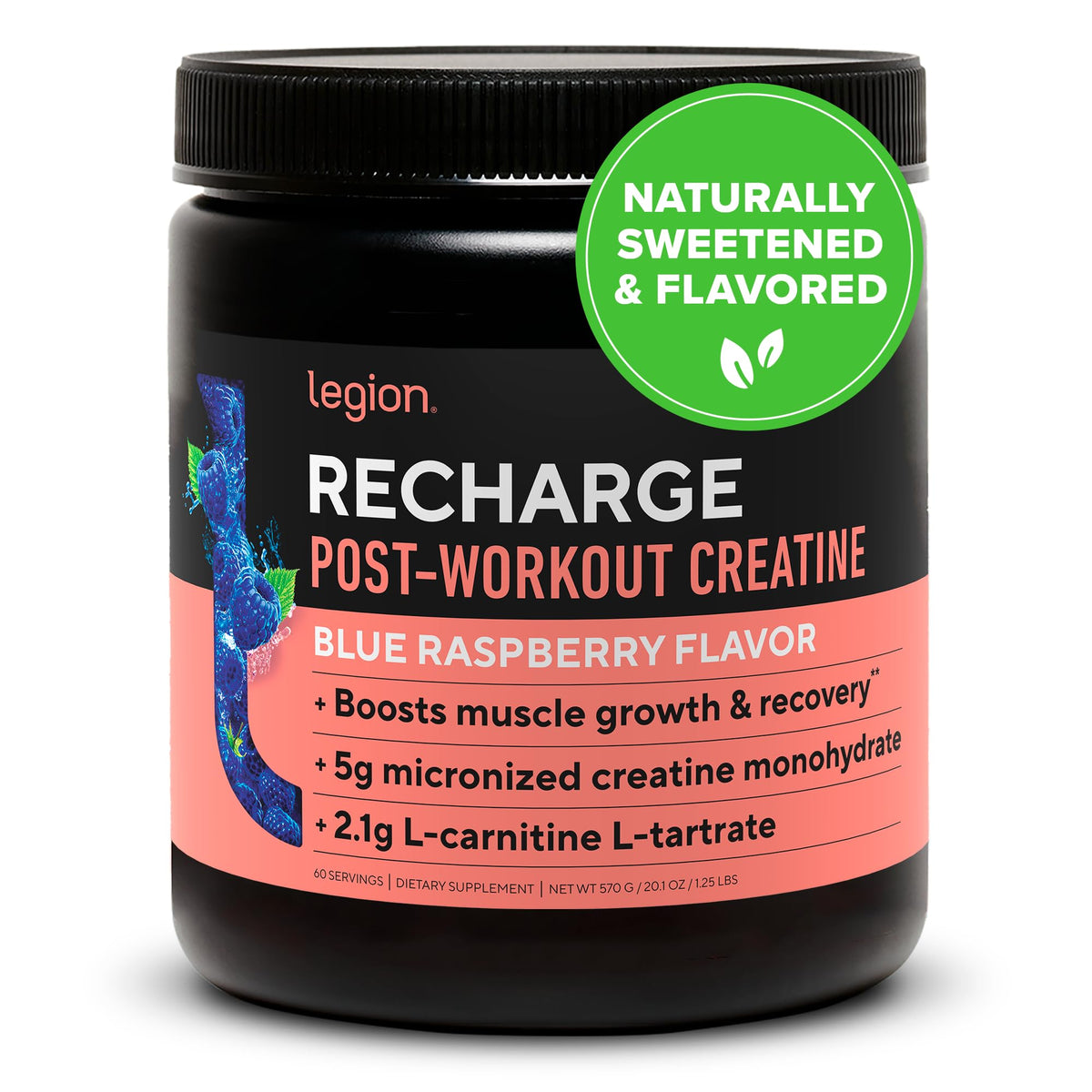 Legion Recharge blue raspberry tub ready to mix for post-workout recovery
