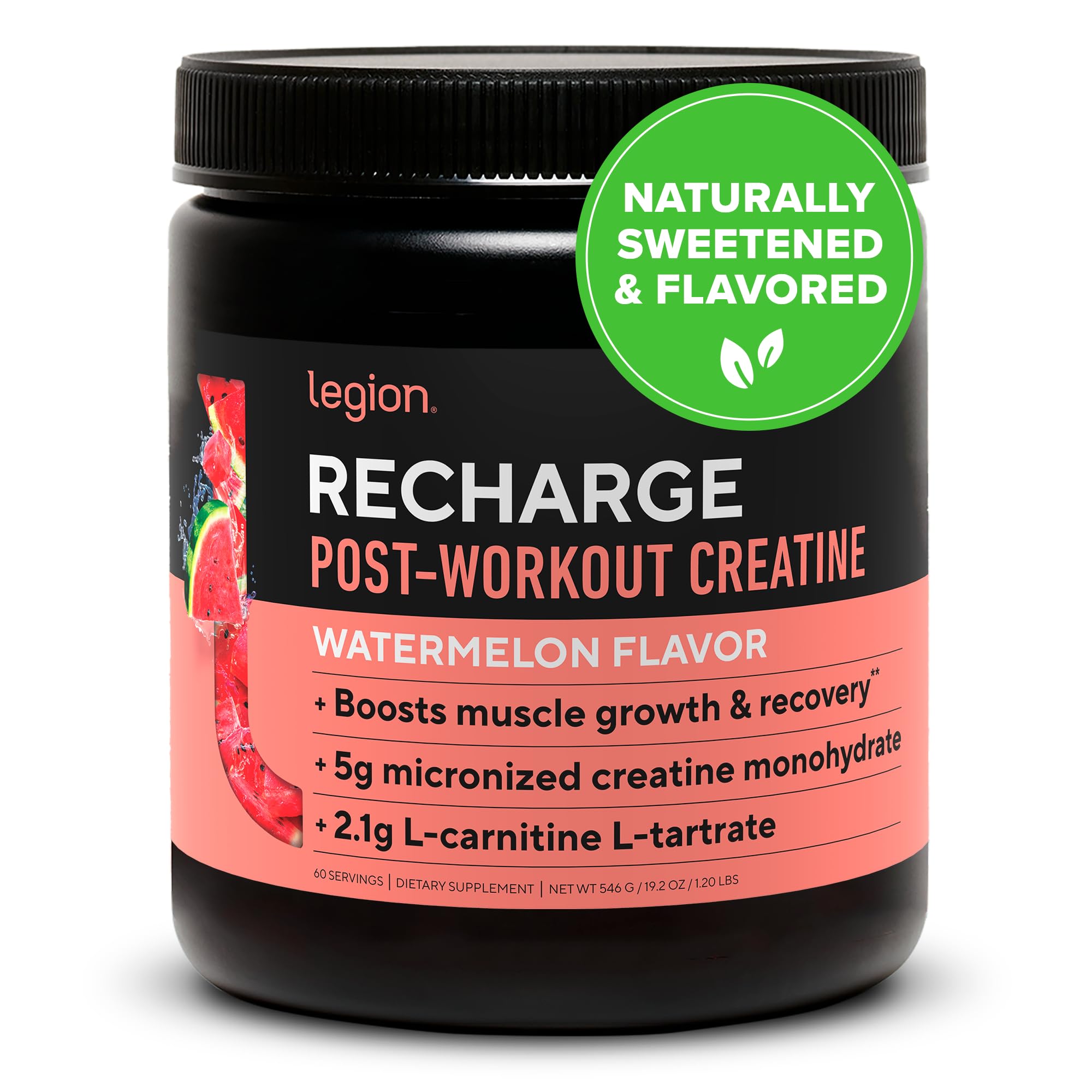 LEGION Recharge watermelon powder tub for post-workout recovery and muscle support.