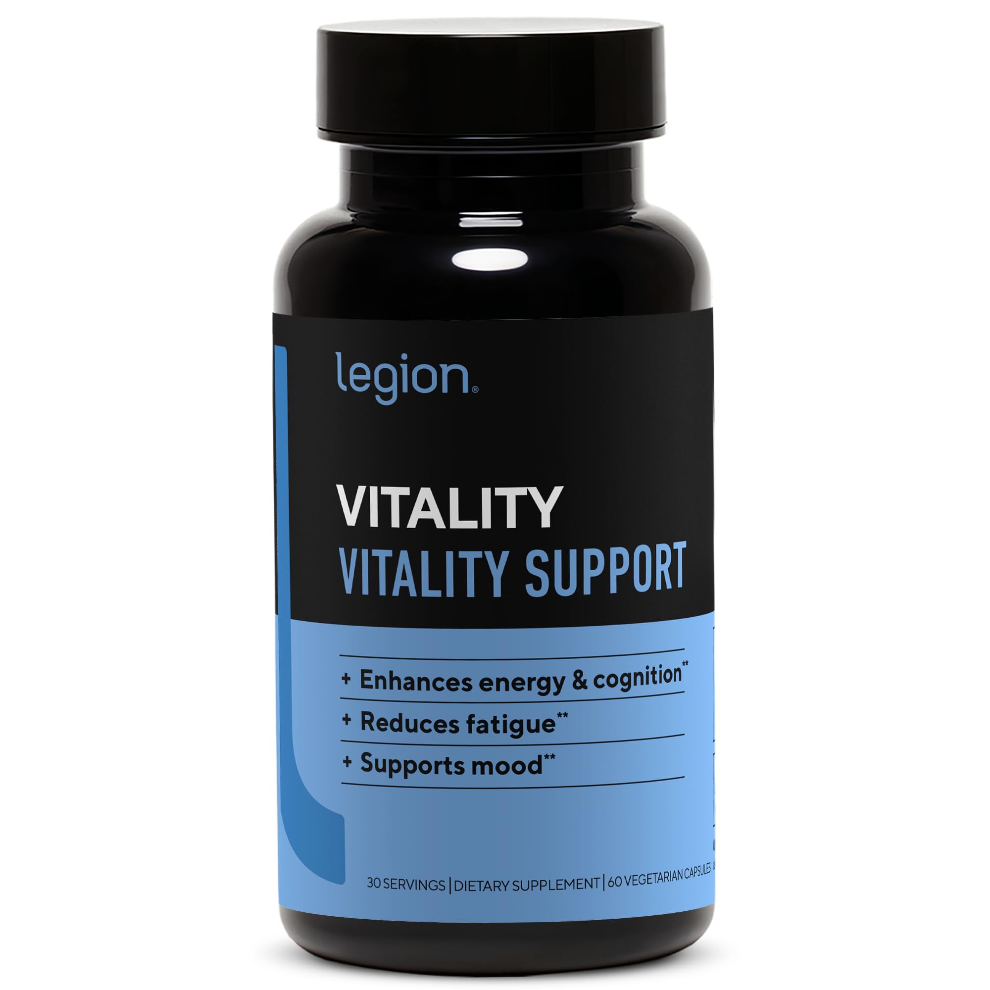 LEGION Vitality bottle with BlueBoreal blend for steady energy support.