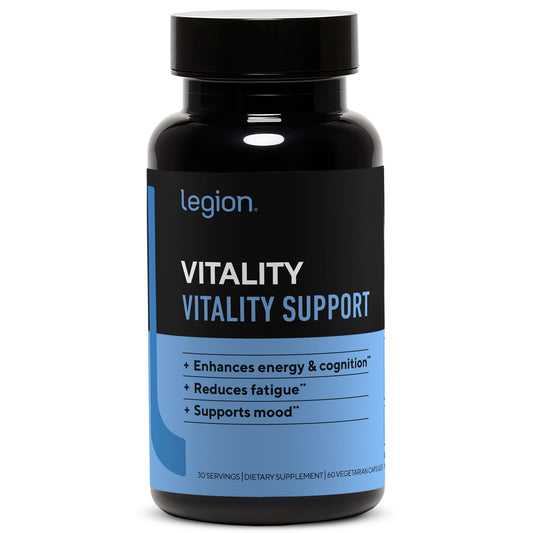 LEGION Vitality bottle with BlueBoreal blend for steady energy support.