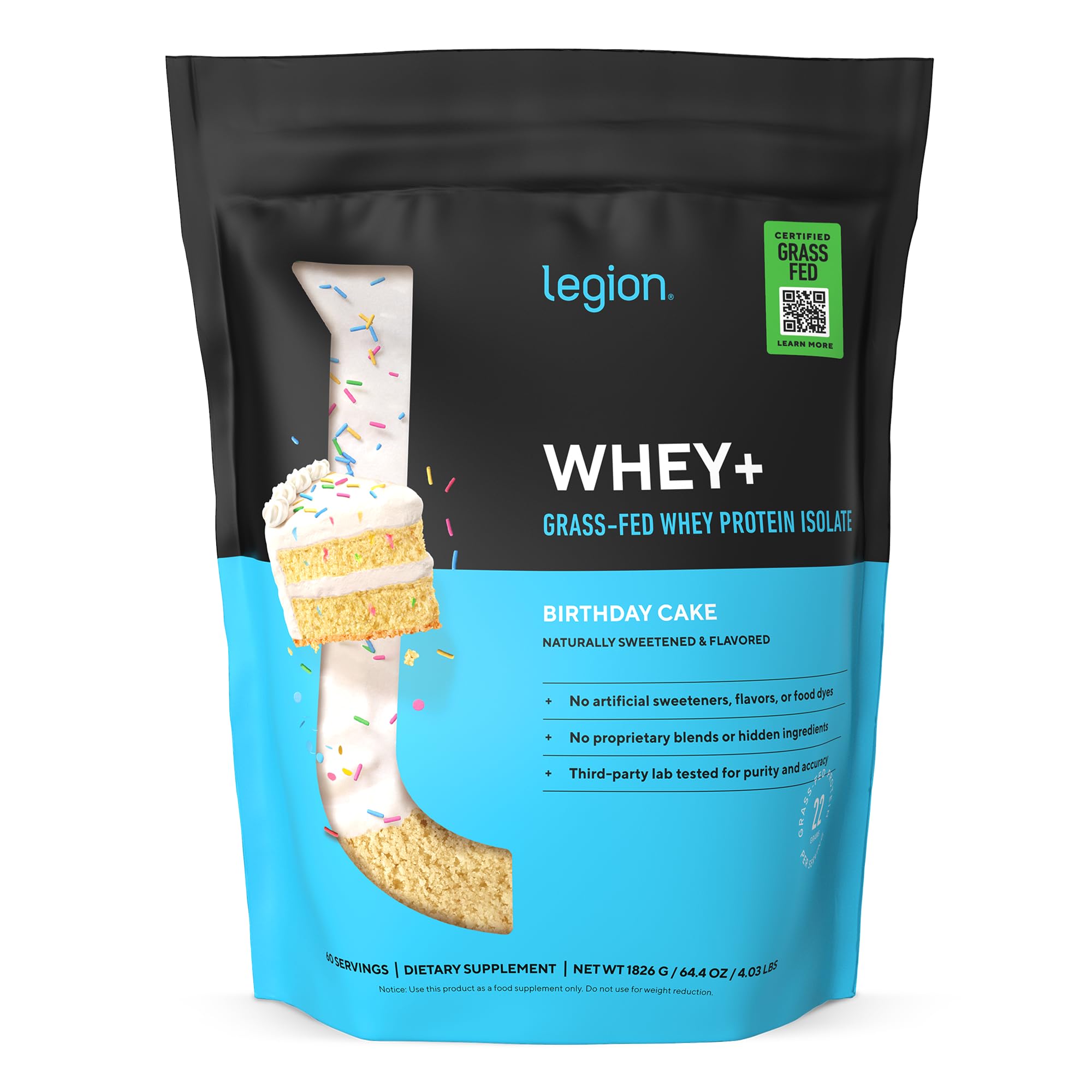 LEGION Whey+ Birthday Cake tub showcasing rich protein powder for workouts