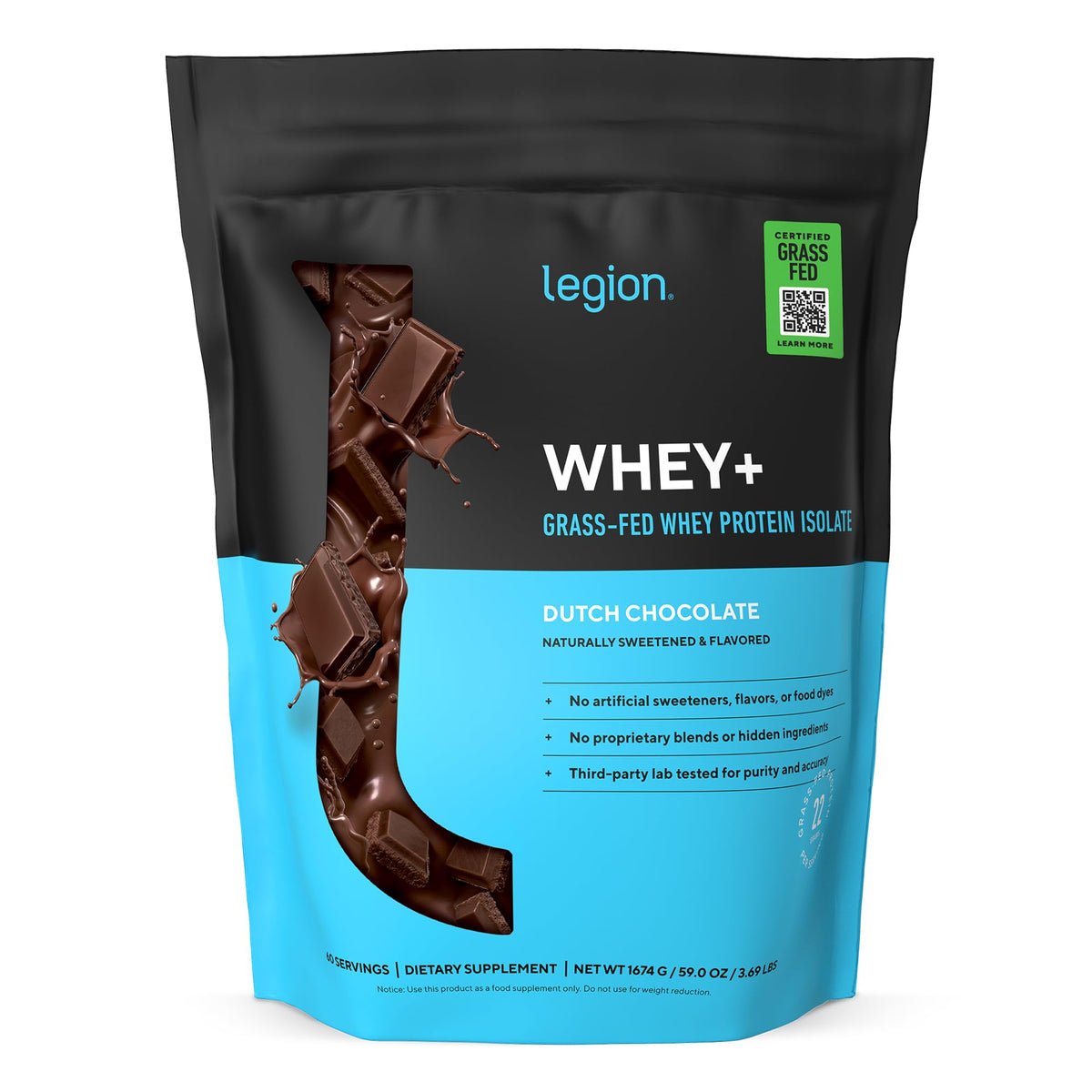 LEGION WheyPlus chocolate bag with high protein powder for post workout shakes
