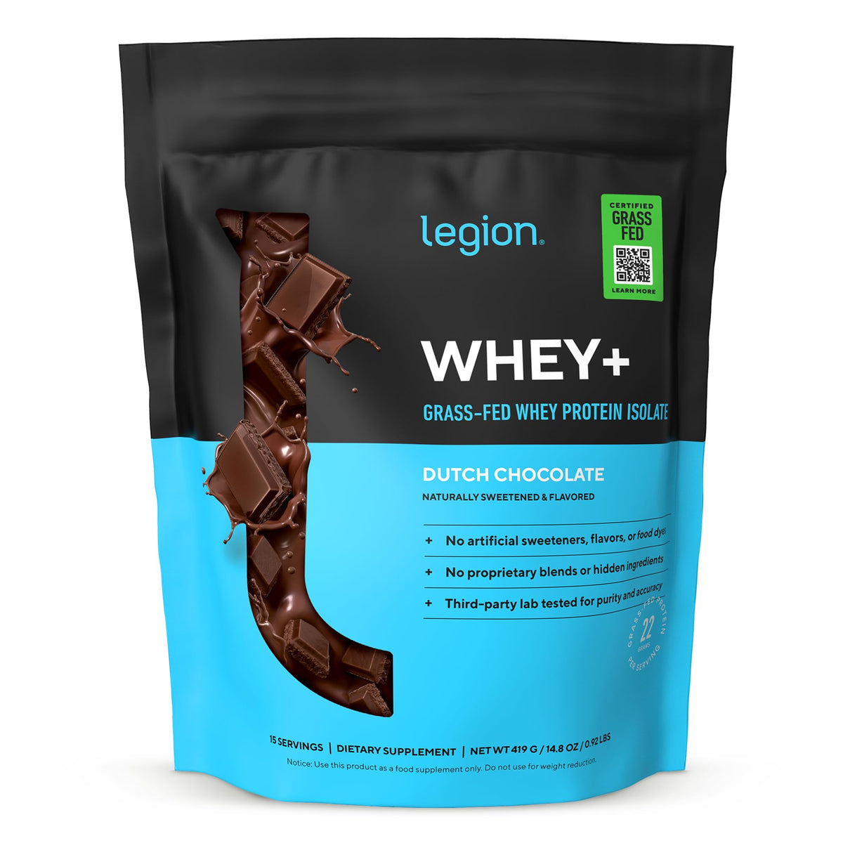 LEGION Whey+ chocolate can for convenient post-workout protein.