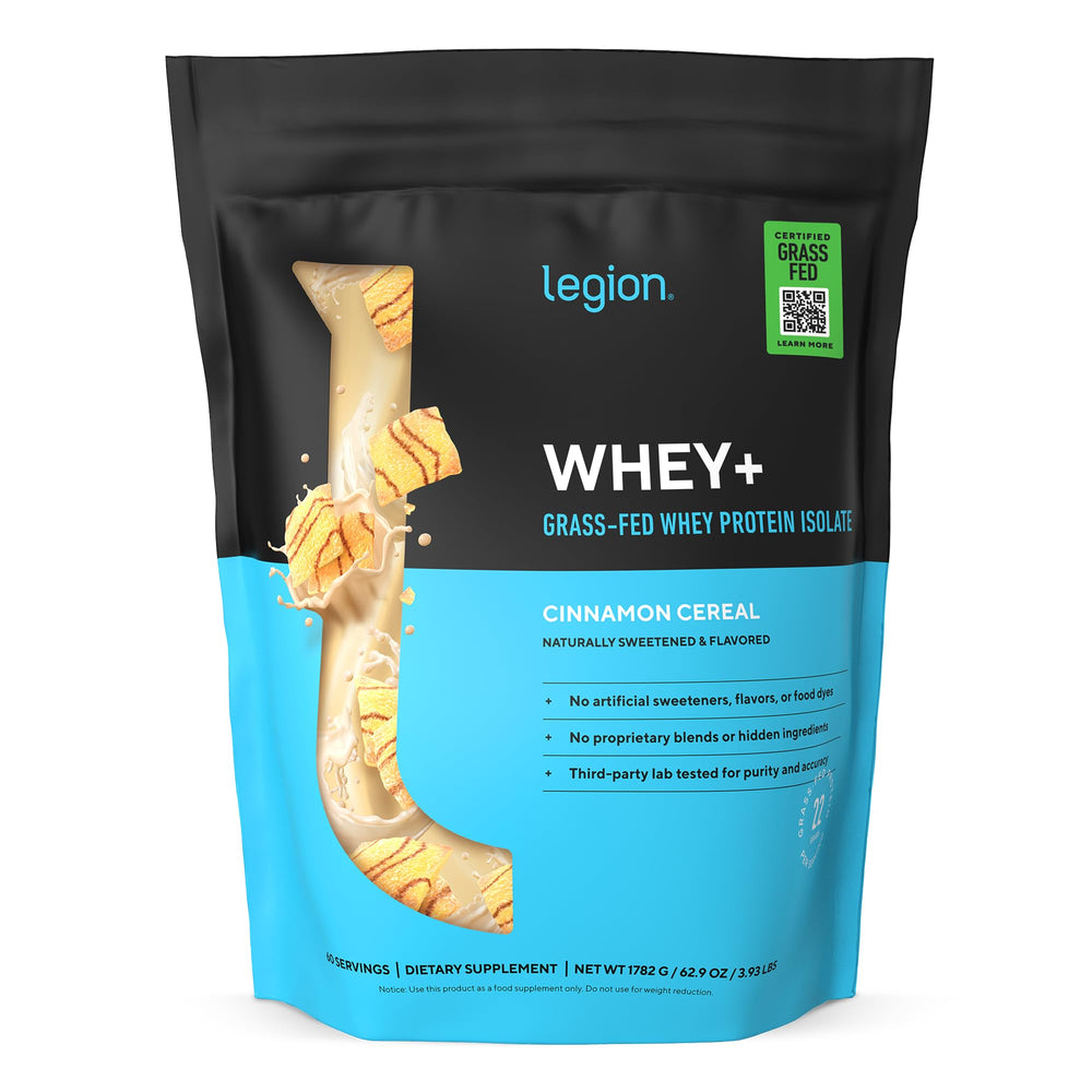 LEGION Whey+ Cinnamon Cereal tub—premium isolate for fast digestion and muscle support.
