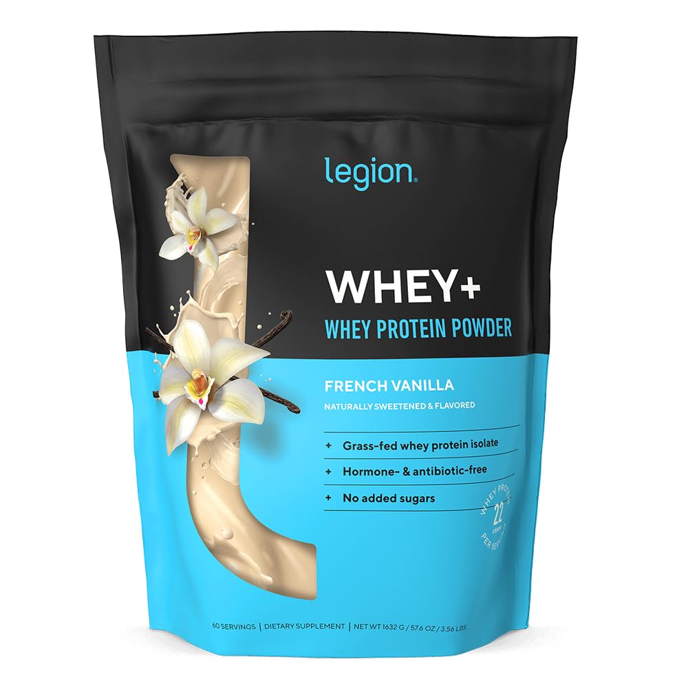 LEGION Whey+ French Vanilla bottle shows a clean, high-protein shake option