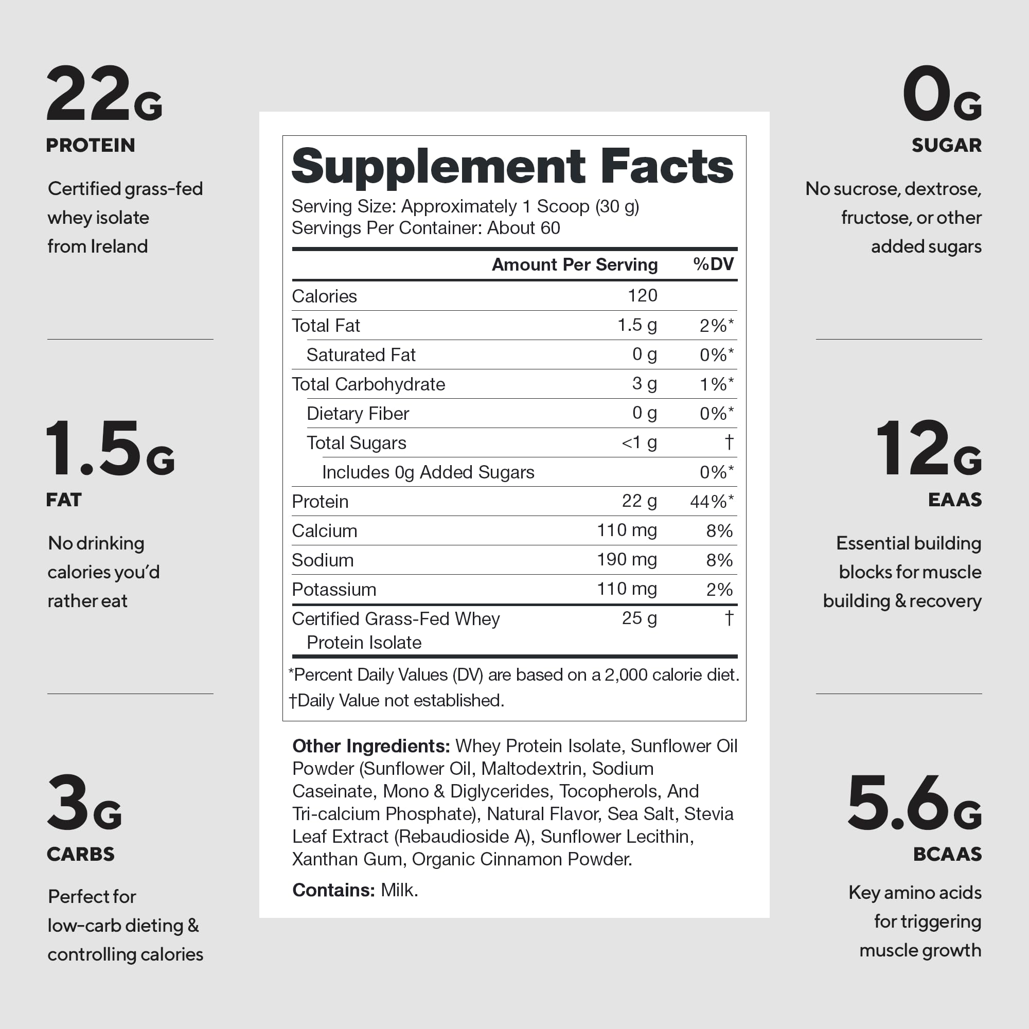 LEGION Whey+ Cinnamon Cereal bottle—grass-fed milk origin for clean, hormone-free protein.