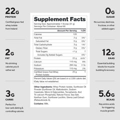 Legion Whey+ Irish grass-fed milk origin label on container
