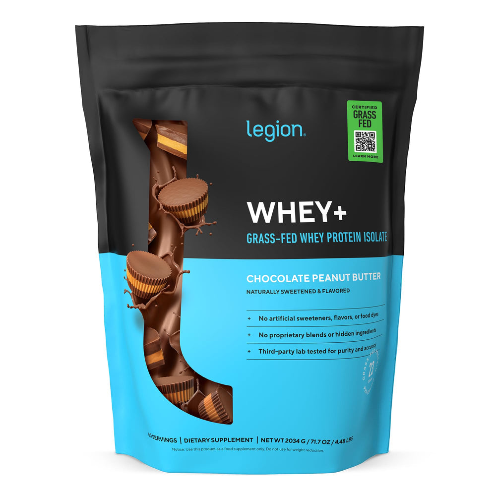 LEGION Whey+ protein powder tub in chocolate peanut butter flavor and label