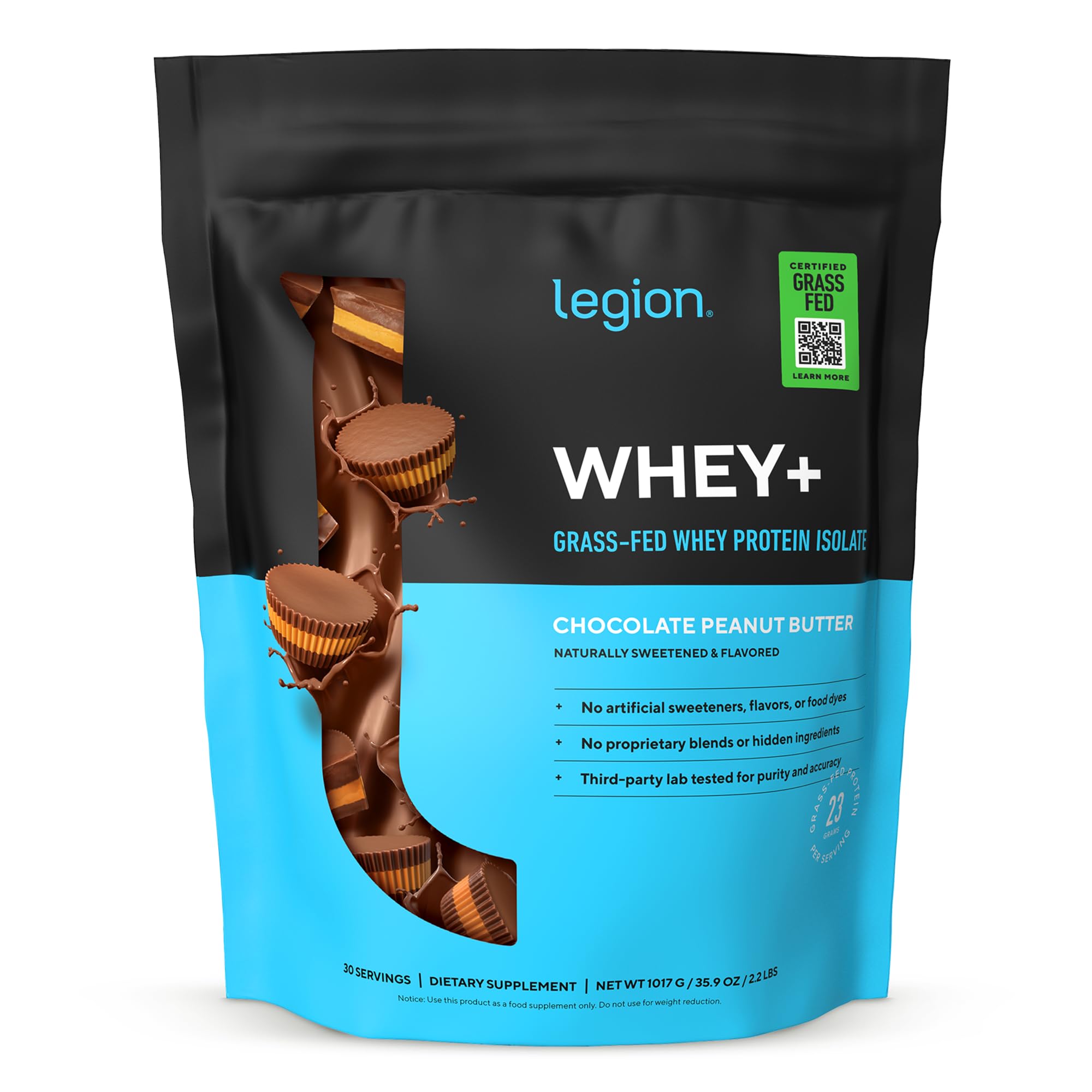 LEGION Whey+ tub front showing grass-fed protein powder for daily workouts.