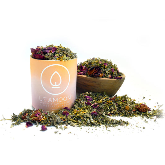 Leiamoon Yoni steam herbs blend with motherwort leaves for a calming ritual.