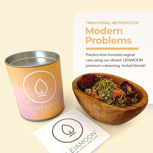 Leiamoon Yoni steam herbs showcase raspberry leaf and Tulsi for balance.