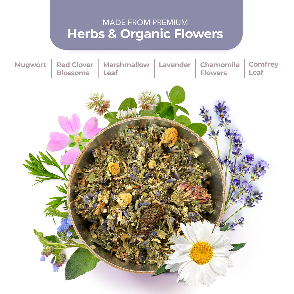 Leiamoon Wisdom Blend herb basket showcasing hand-harvested botanicals.