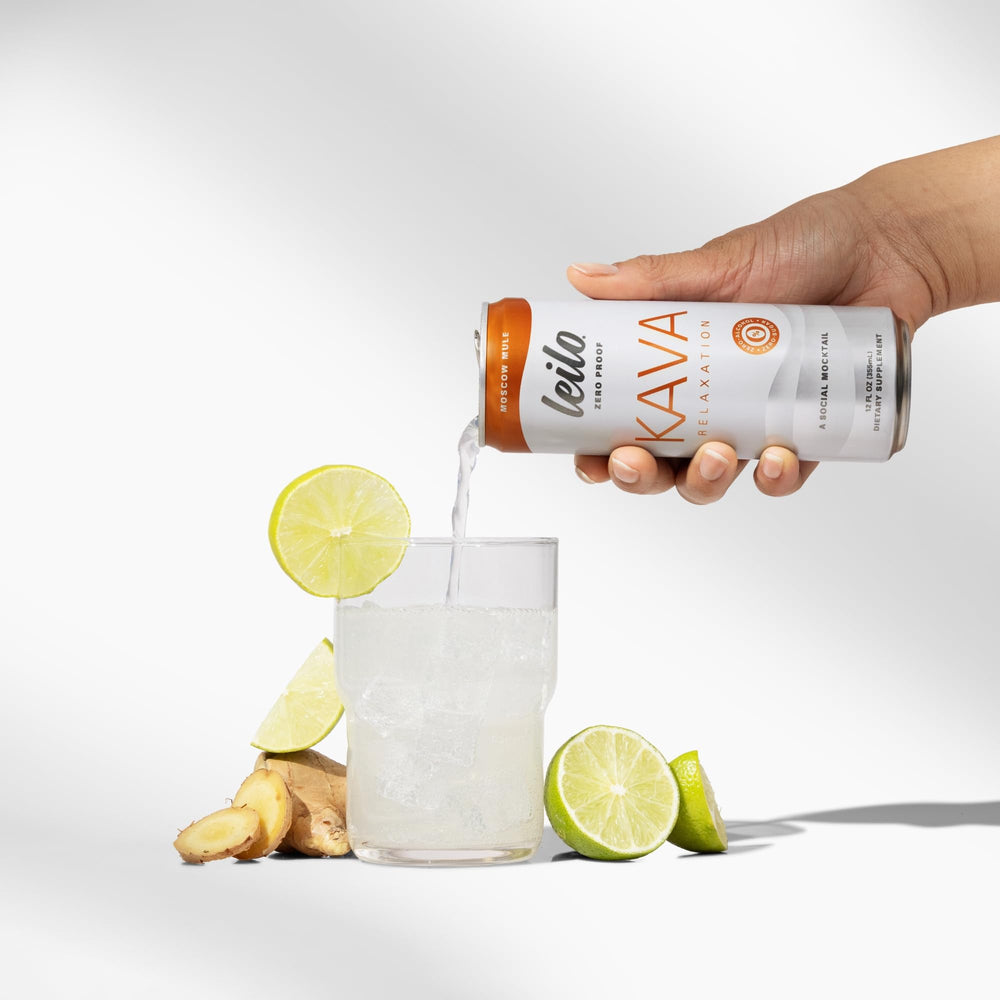 Leilo Kava Moscow Mule can on ice, sugar-free and non-alcoholic