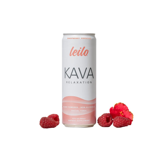 LEILO Kava-powered relaxation drink can with raspberry hibiscus, offering a calm mood and refreshing taste.