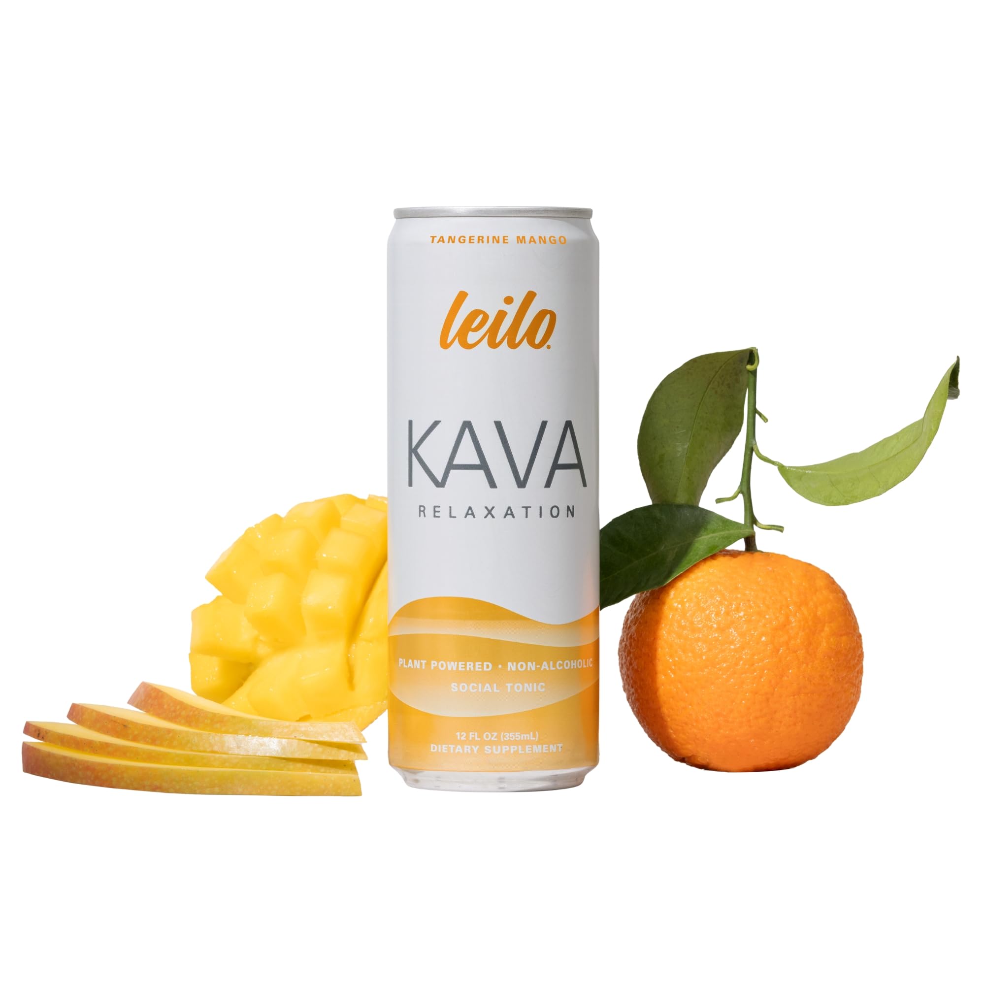 Leilo kava sparkling relaxation can Tangerine Mango for a refreshing non-alcoholic unwind.
