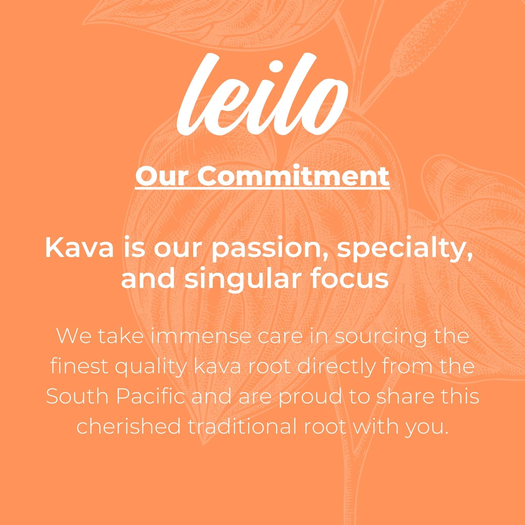 Leilo origin south-pacific kava root emphasizes natural, plant-based relaxation inspiration.