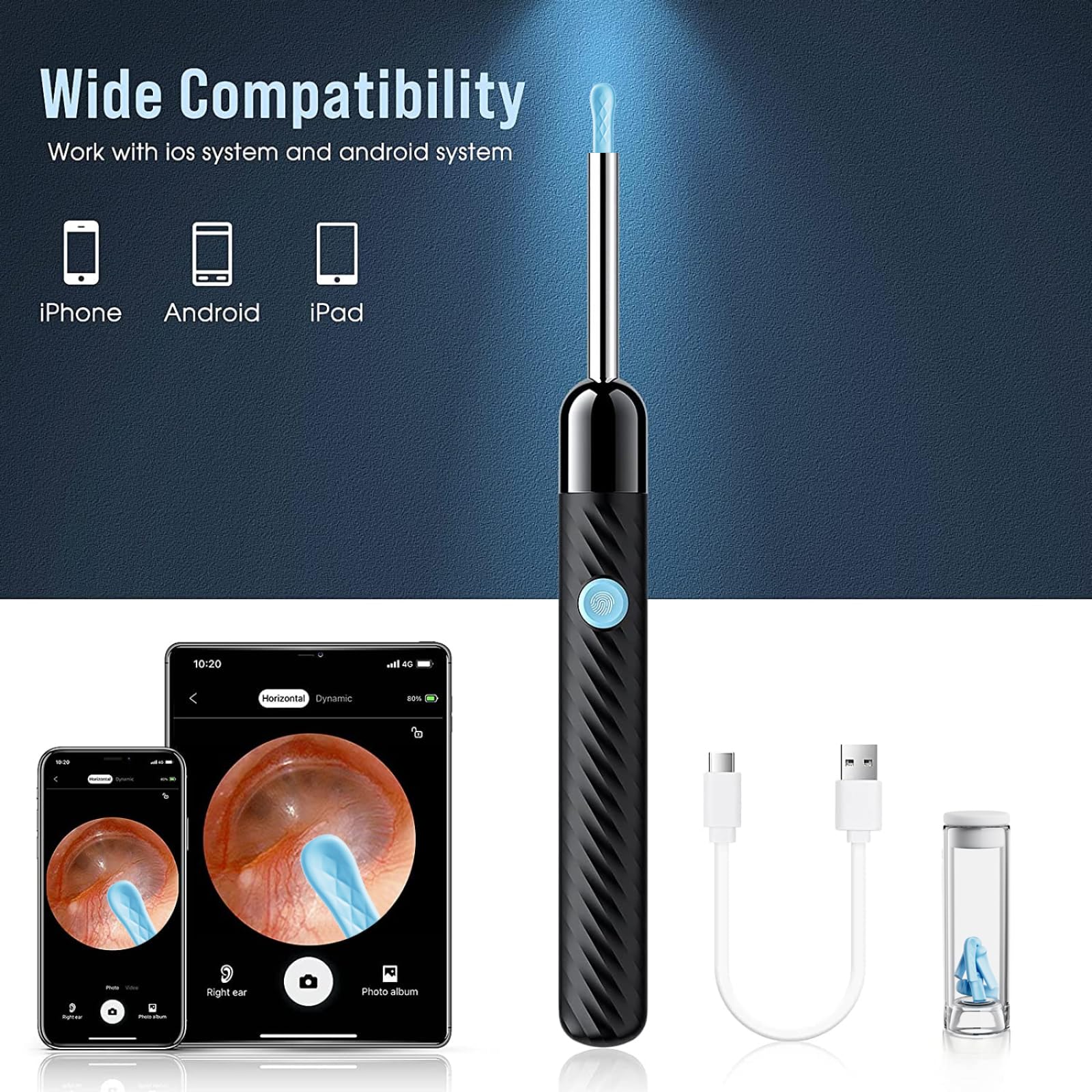 LEIPUT ear camera connects to iOS and Android via Wi‑Fi.