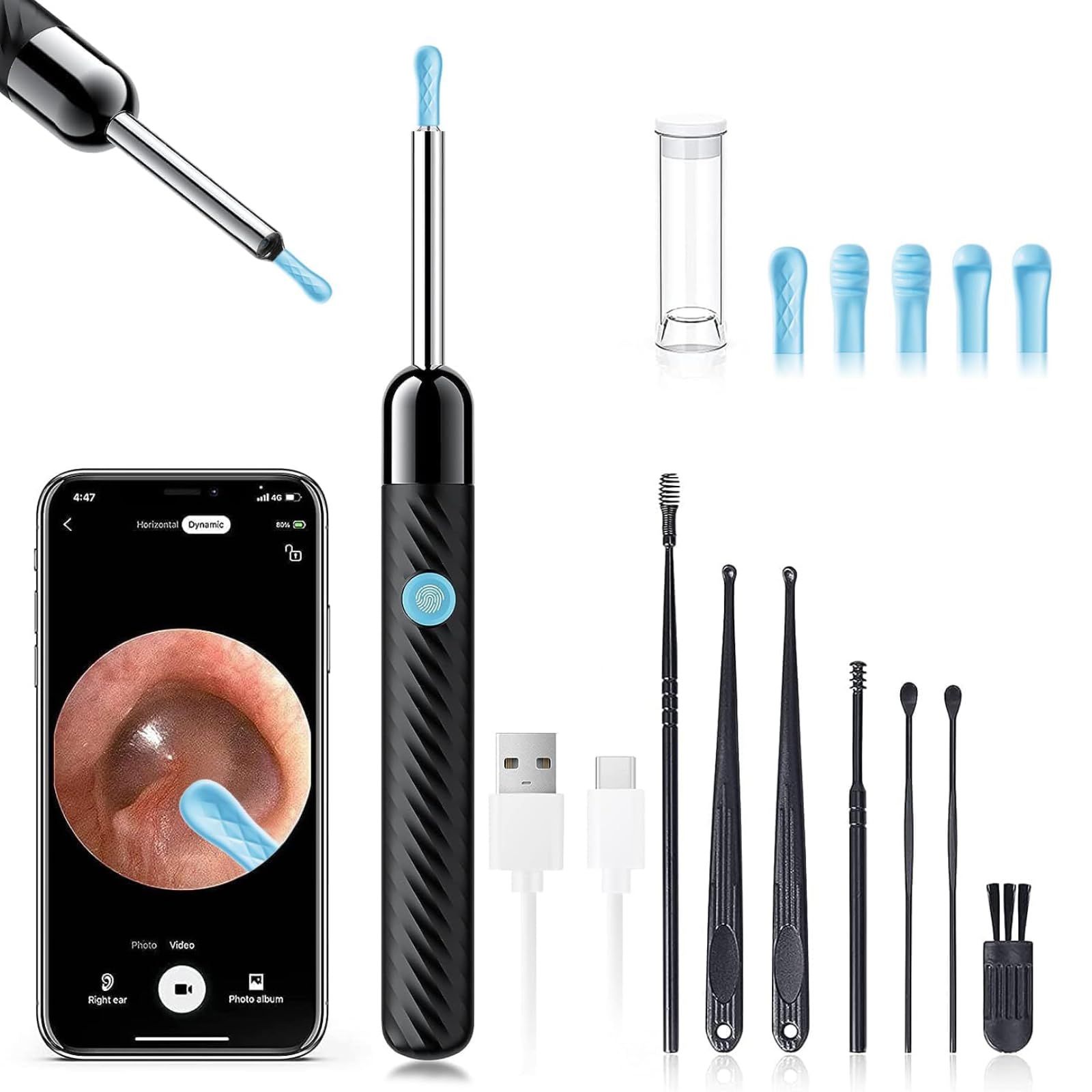 LEIPUT earwax removal kit with 1080p camera and LEDs for clear viewing.