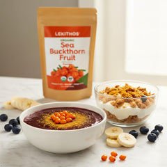 Lekithos Sea Buckthorn Powder in a bowl ready for breakfast bowls