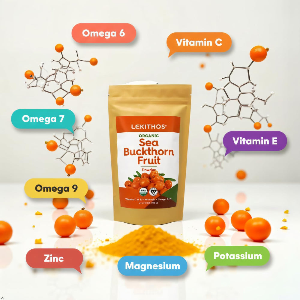 Lekithos Sea Buckthorn Powder close-up reveals fine texture and hue
