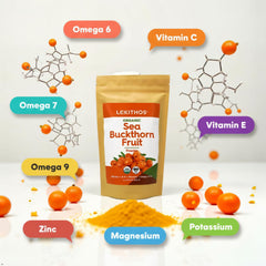 Lekithos Sea Buckthorn Powder close-up reveals fine texture and hue