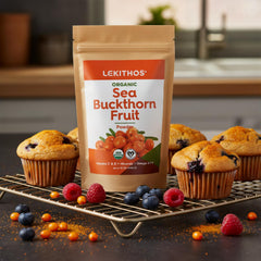Lekithos Sea Buckthorn Powder label highlights USDA Organic and vegan purity