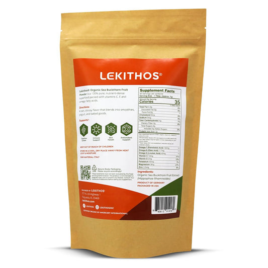 Lekithos Sea Buckthorn Powder scoop measuring an easy serving
