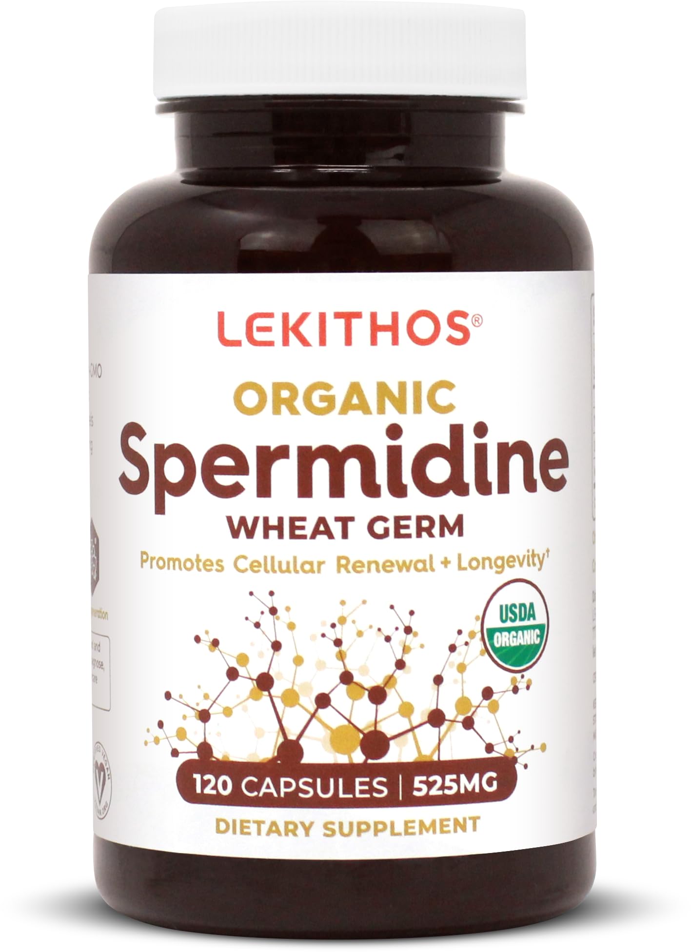 Lekithos spermidine capsules bottle on shelf, daily supplement for healthier aging.
