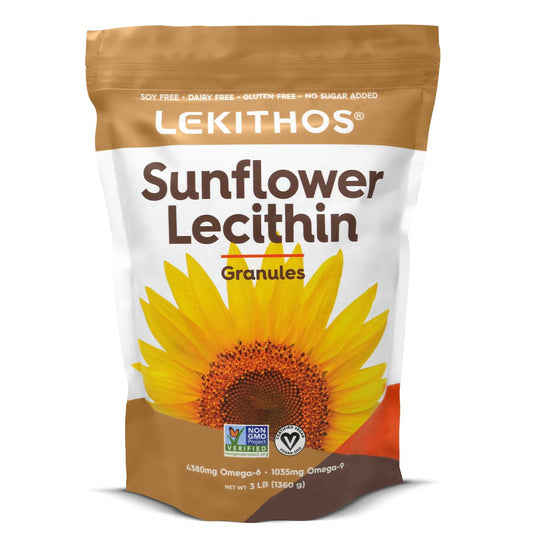 Lekithos sunflower lecithin granules bottle pour for convenient allergen-free supplementation