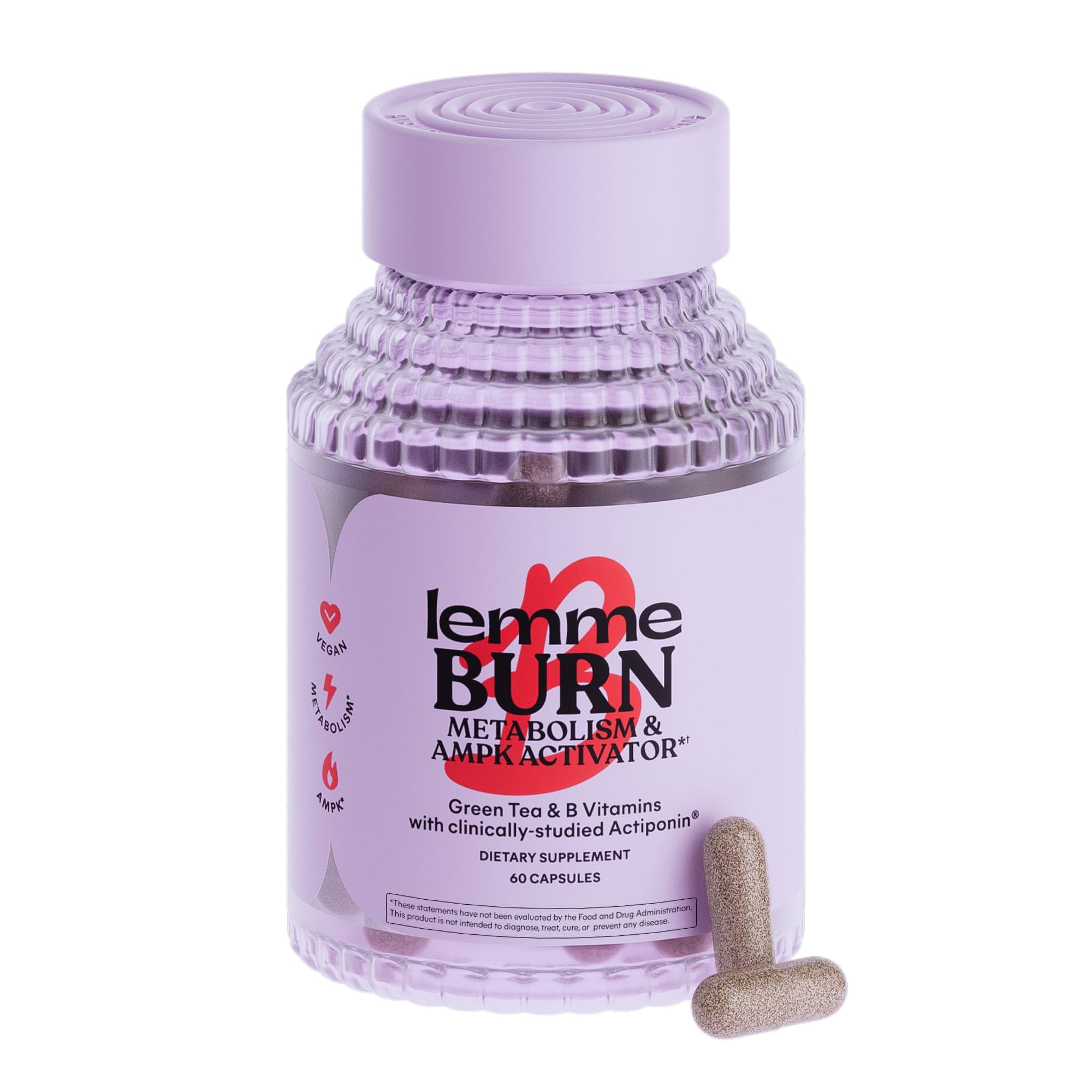 Lemme Burn bottle front view highlighting branding and metabolism support.