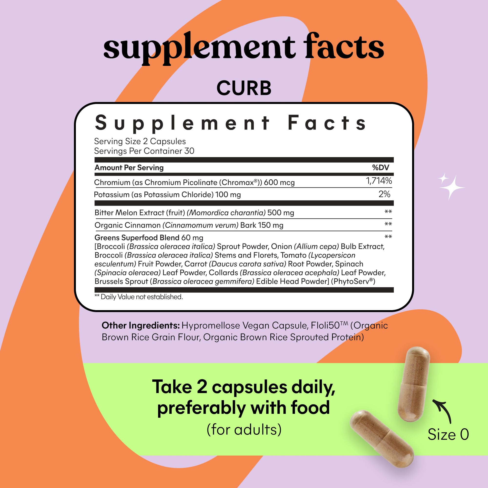 Lemme Curb bottle and label highlight two capsules daily for cravings management.