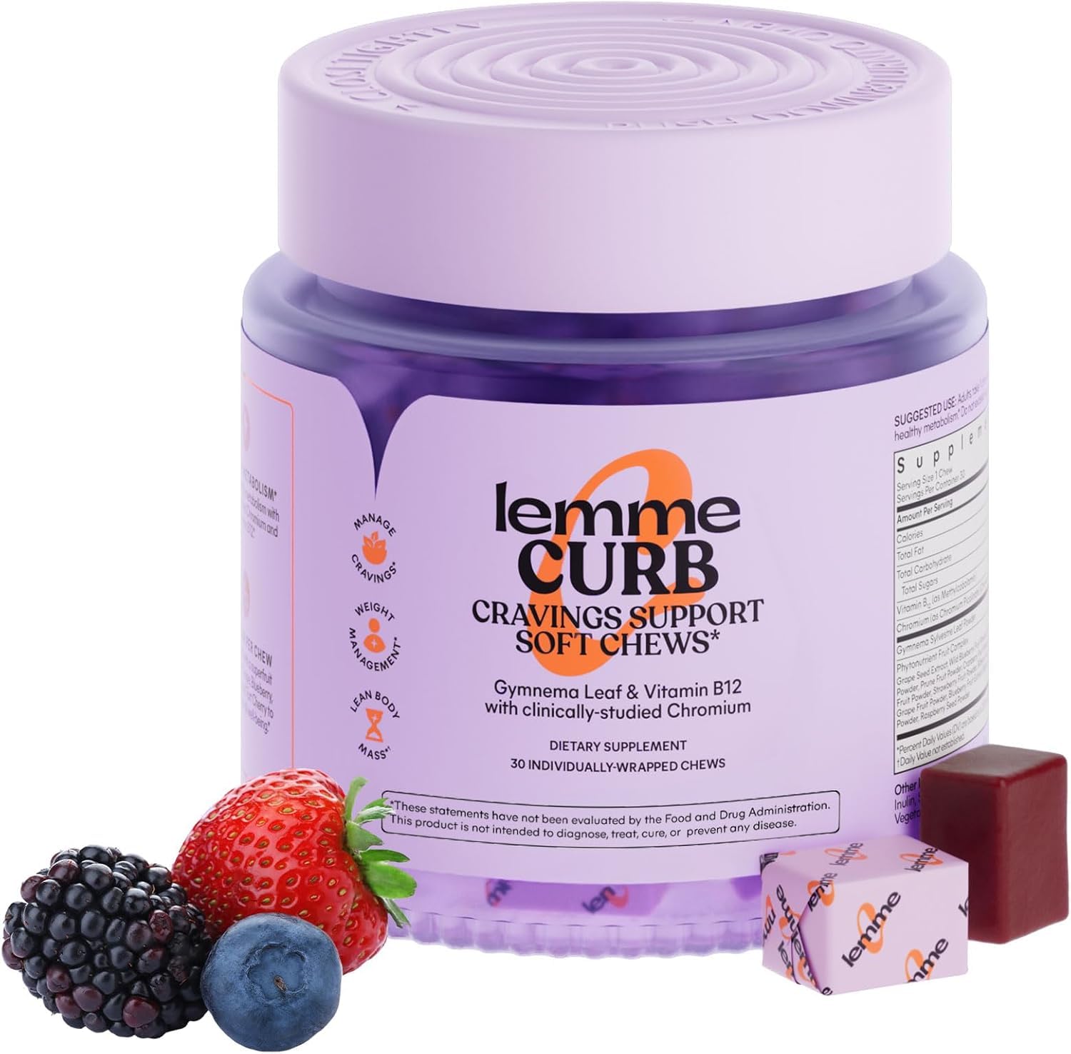 Lemme Curb Cravings bottle front showing mixed berry chews for daily appetite support.